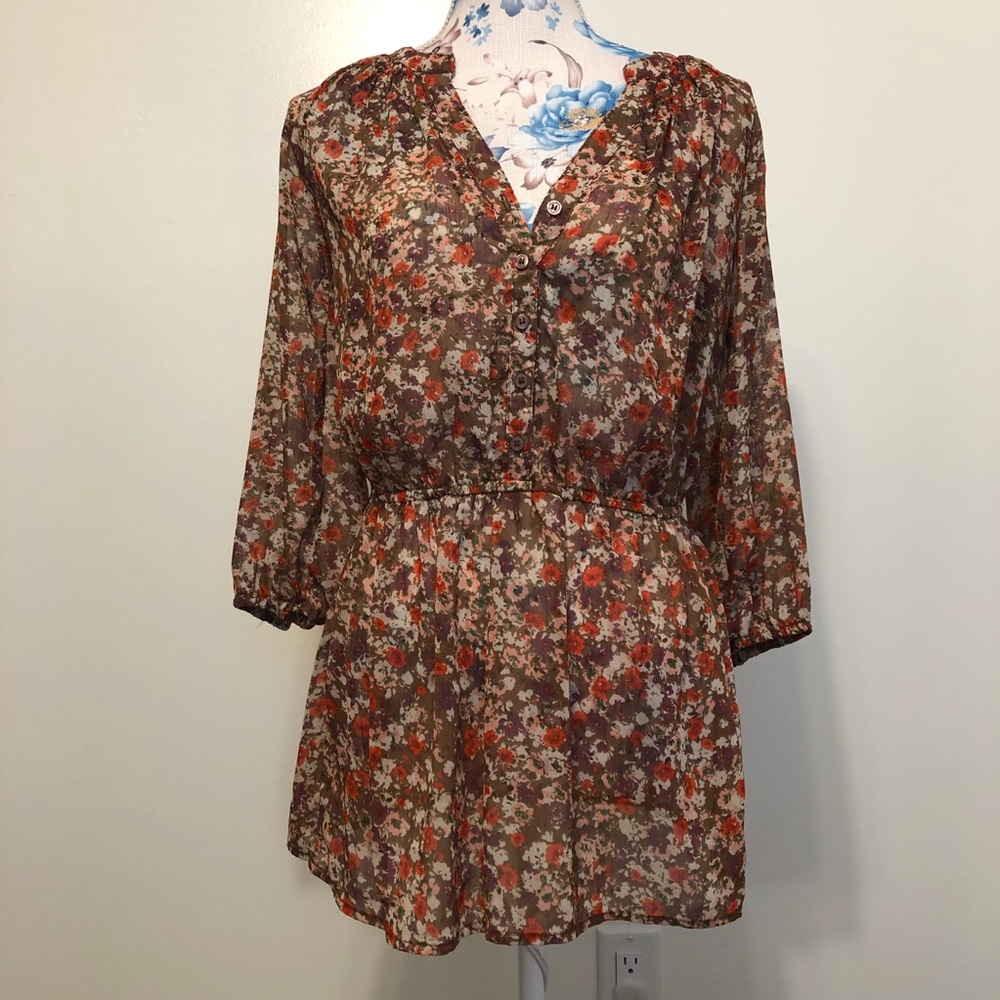 Mossimo floral sheer 3/4 sleeve brown top size M